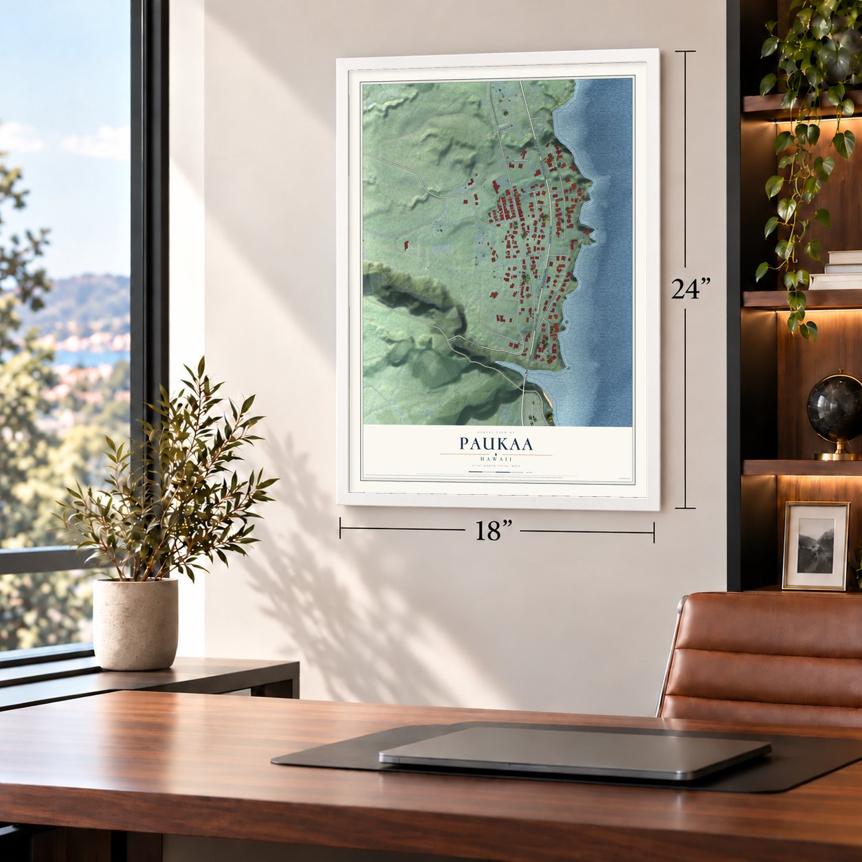 Paukaa, Hawaii map, 18 x 24 inch print in a white frame in a home office