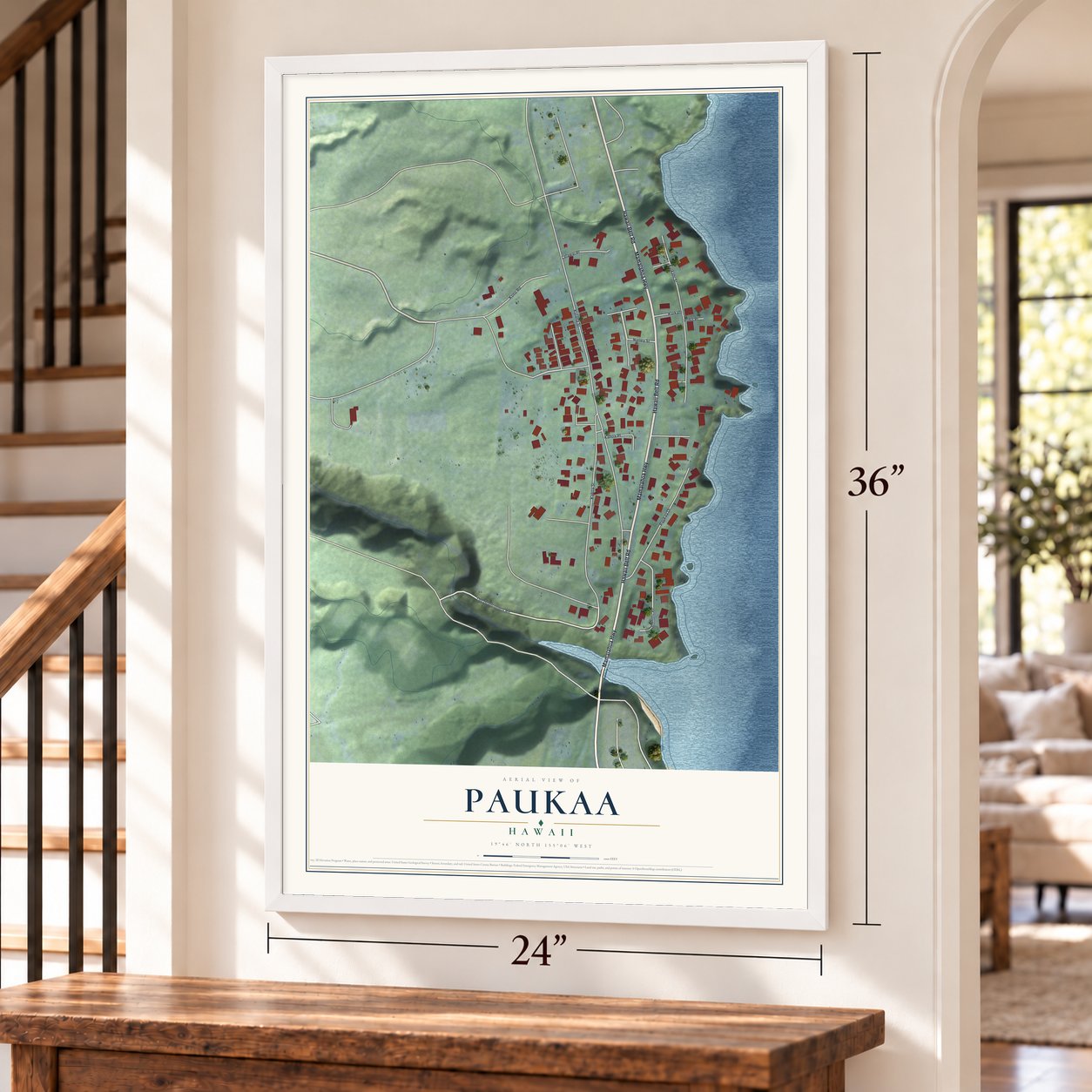 Paukaa, Hawaii map, 24 x 36 inch print in a white frame by a staircase