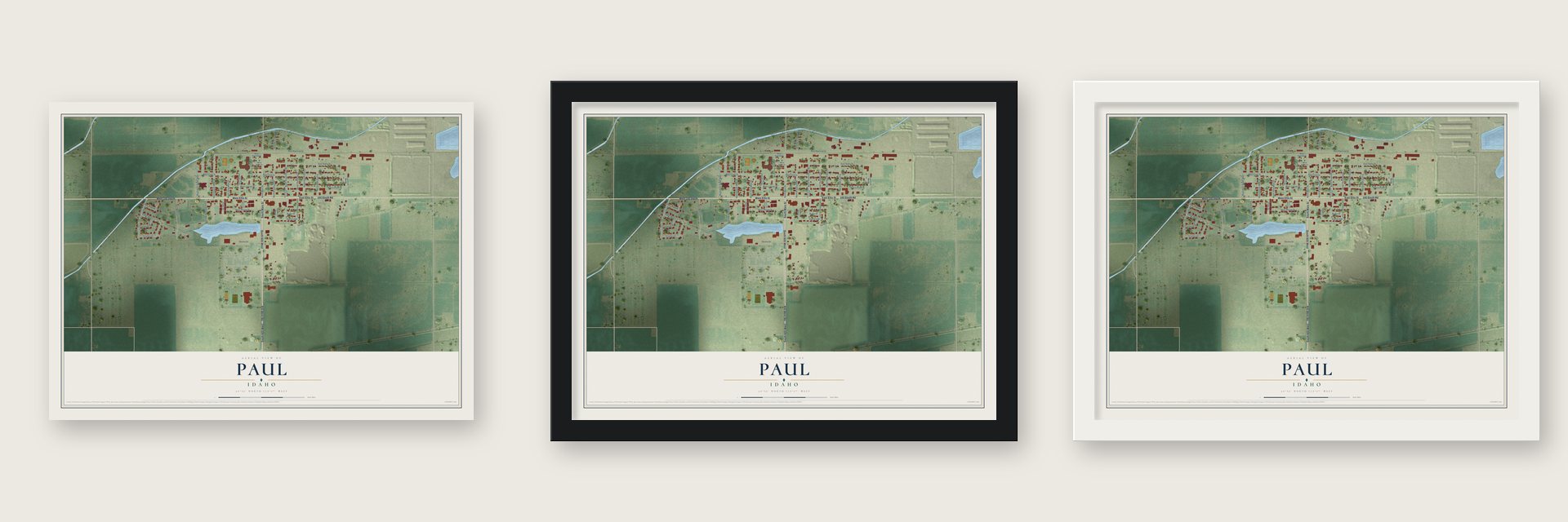 Paul, Idaho map unframed, in a black wood frame and in a white wood frame
