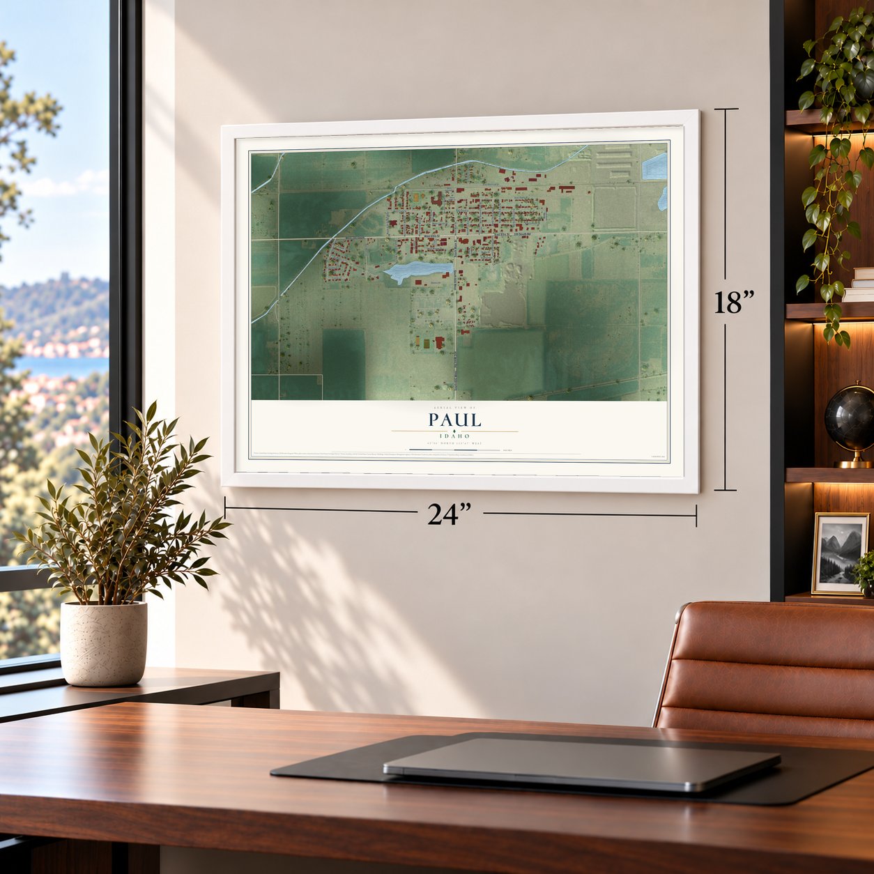 Paul, Idaho map, 18 x 24 inch print in a white frame in a home office