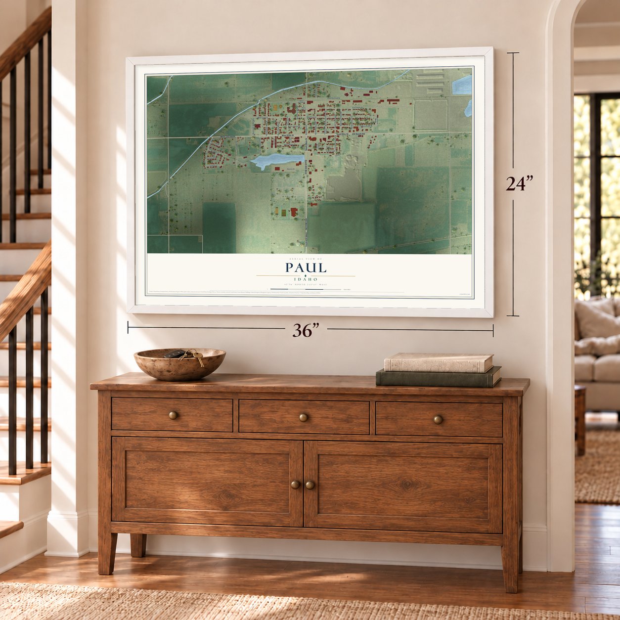 Paul, Idaho map, 24 x 36 inch print in a white frame above a dresser by a staircase