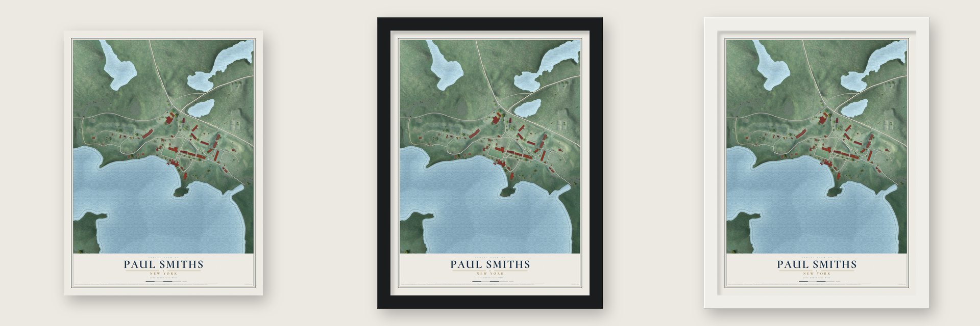 Paul Smiths, New York map unframed, in a black wood frame and in a white wood frame