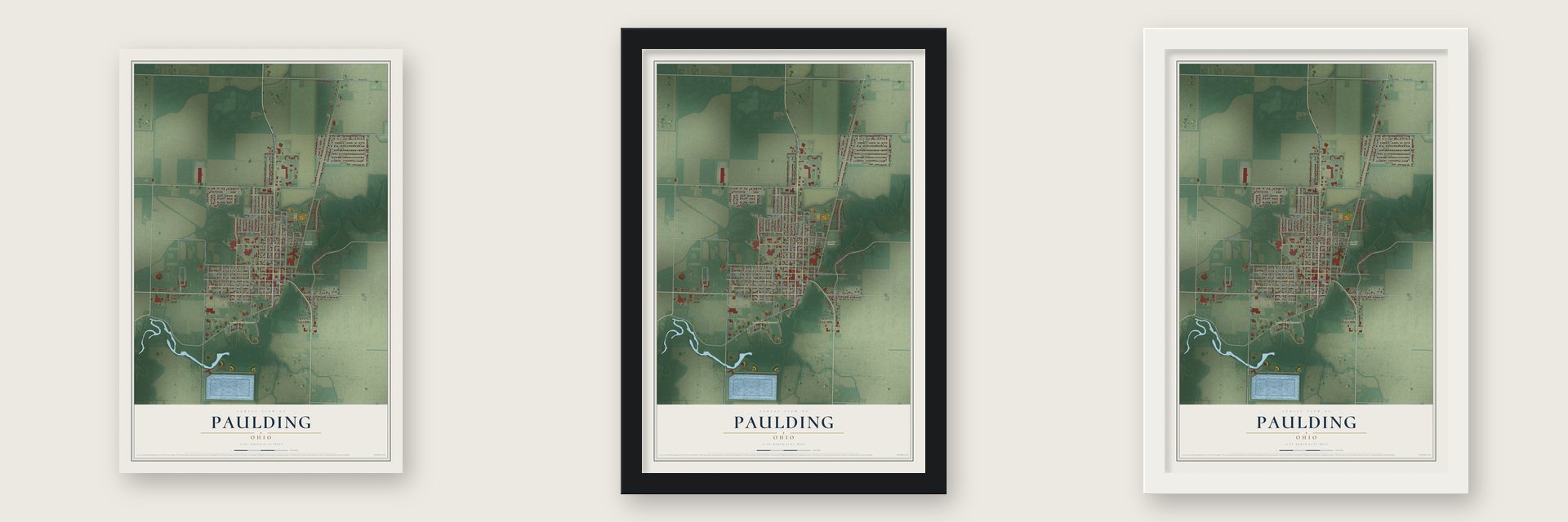 Paulding, Ohio map unframed, in a black wood frame and in a white wood frame