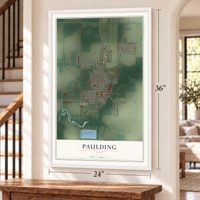 Paulding, Ohio map, 24 x 36 inch print in a white frame by a staircase
