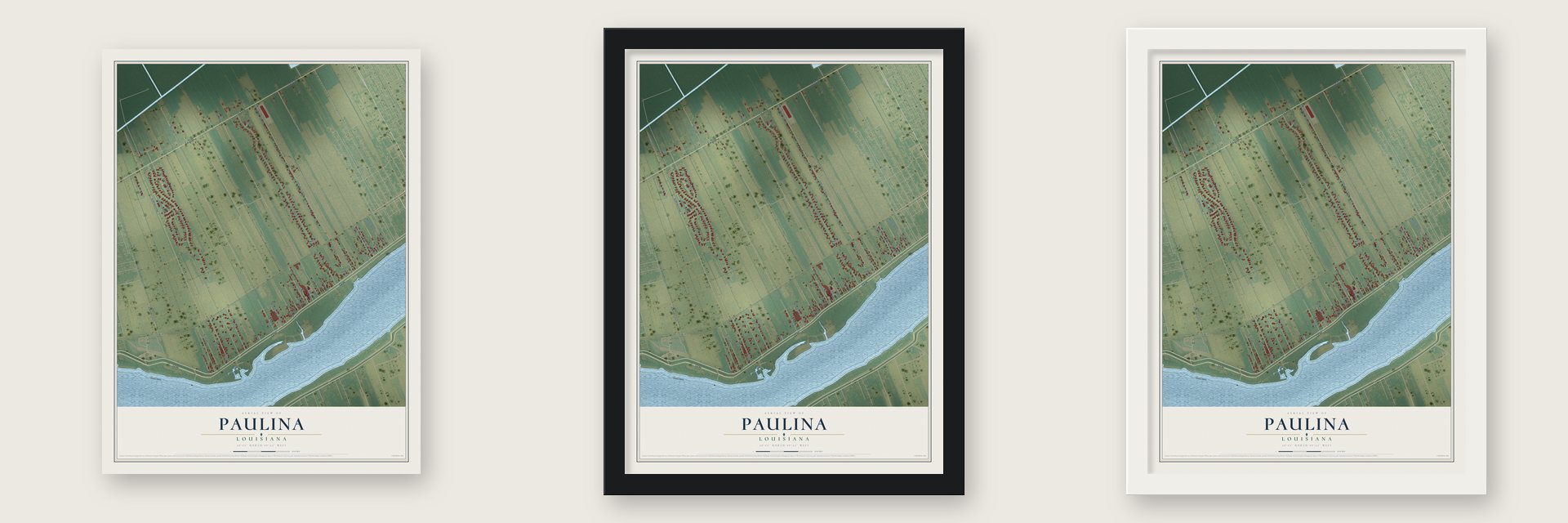 Paulina, Louisiana map unframed, in a black wood frame and in a white wood frame