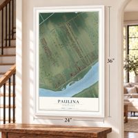 Paulina, Louisiana map, 24 x 36 inch print in a white frame by a staircase