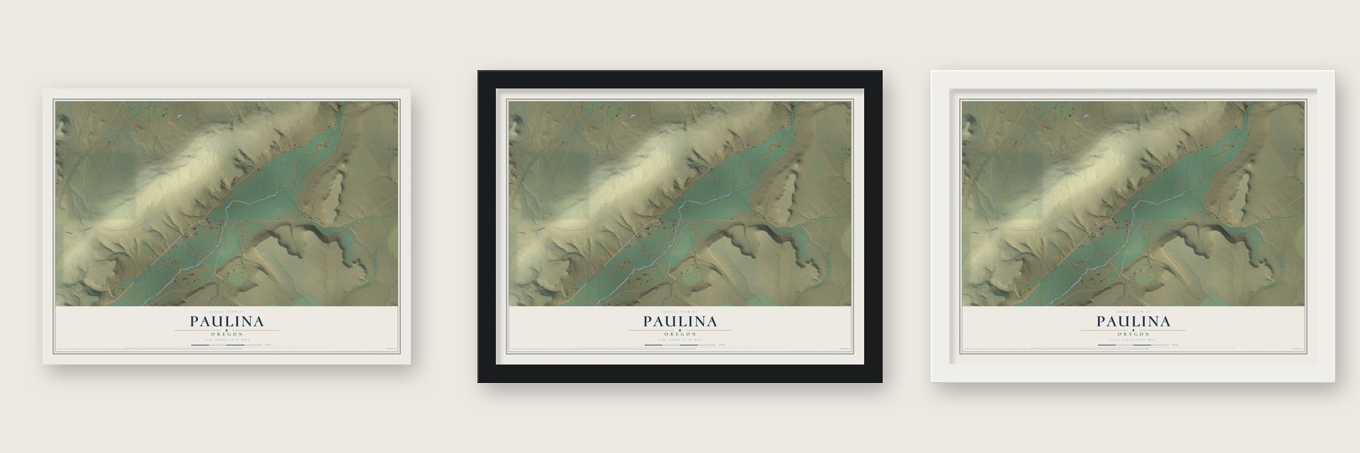 Paulina, Oregon map unframed, in a black wood frame and in a white wood frame