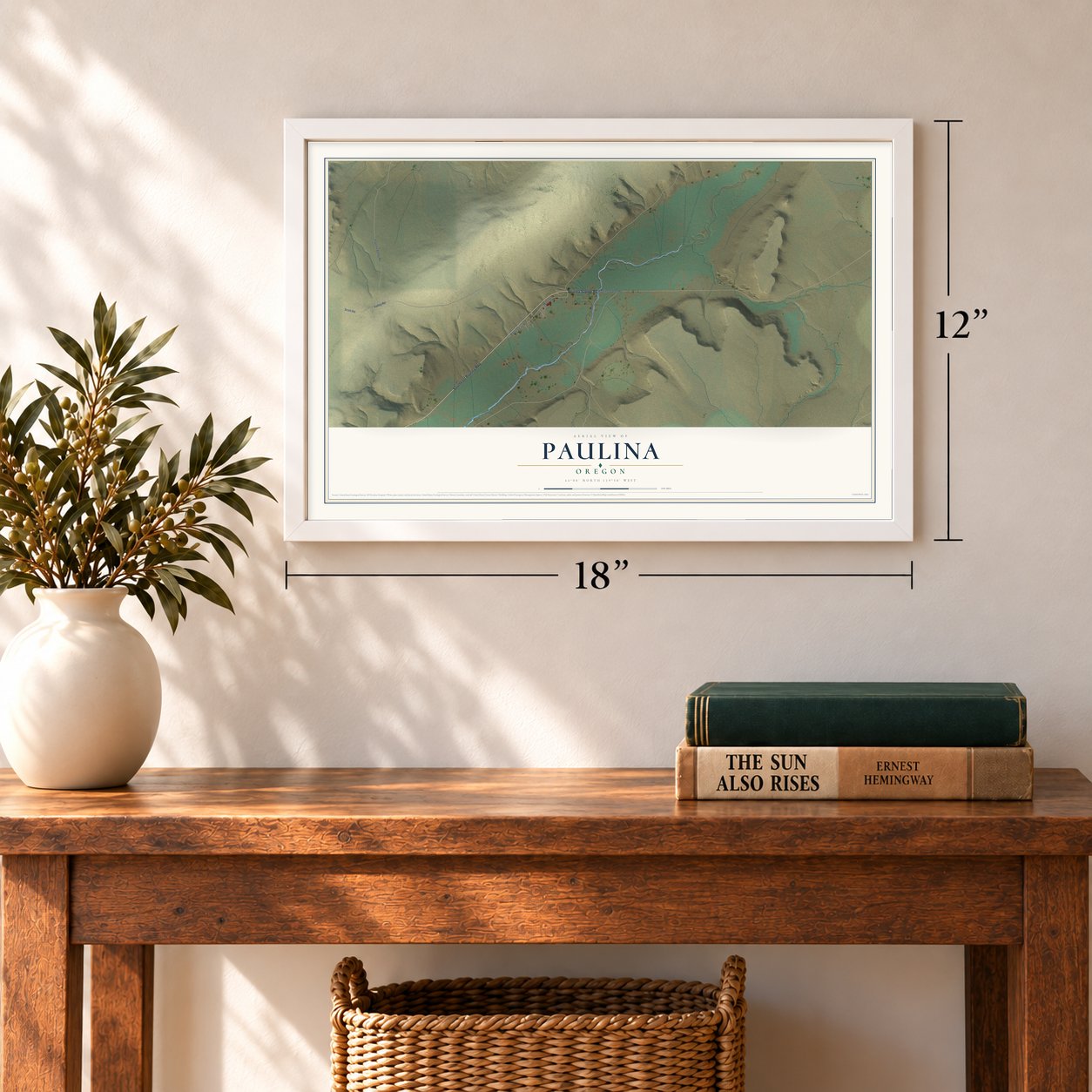 Paulina, Oregon map, 12 x 18 inch print in a white frame in an entryway