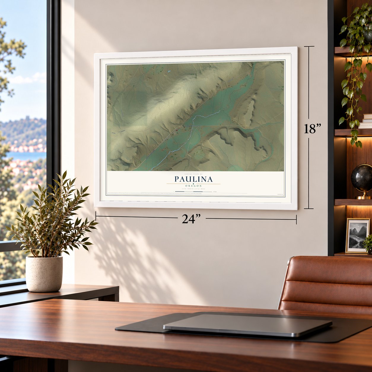 Paulina, Oregon map, 18 x 24 inch print in a white frame in a home office