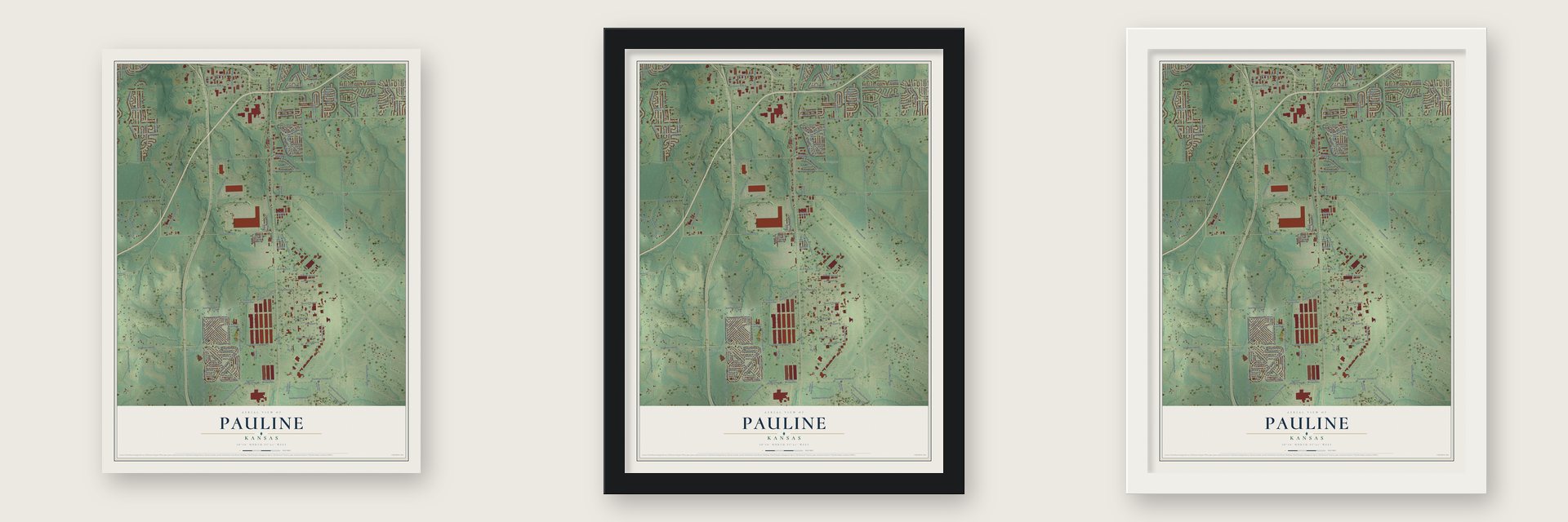 Pauline, Kansas map unframed, in a black wood frame and in a white wood frame