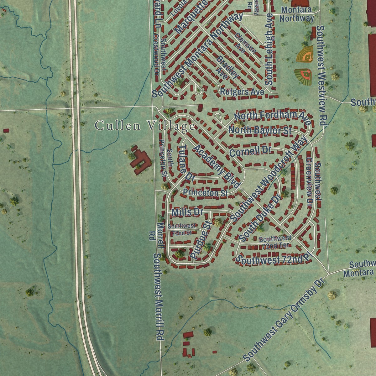 Second close-up of the map of Pauline, Kansas print showing more streets and buildings