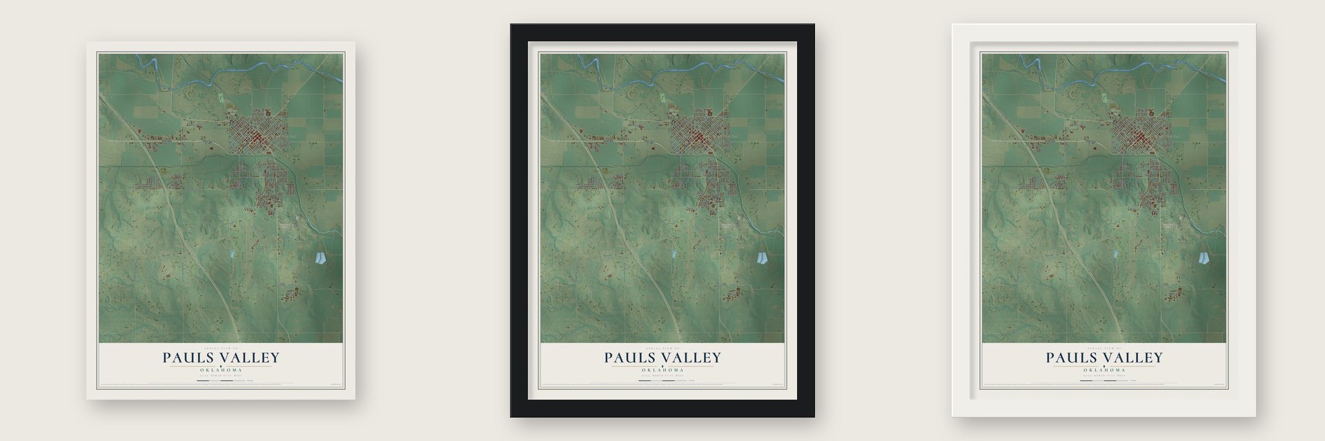 Pauls Valley, Oklahoma map unframed, in a black wood frame and in a white wood frame
