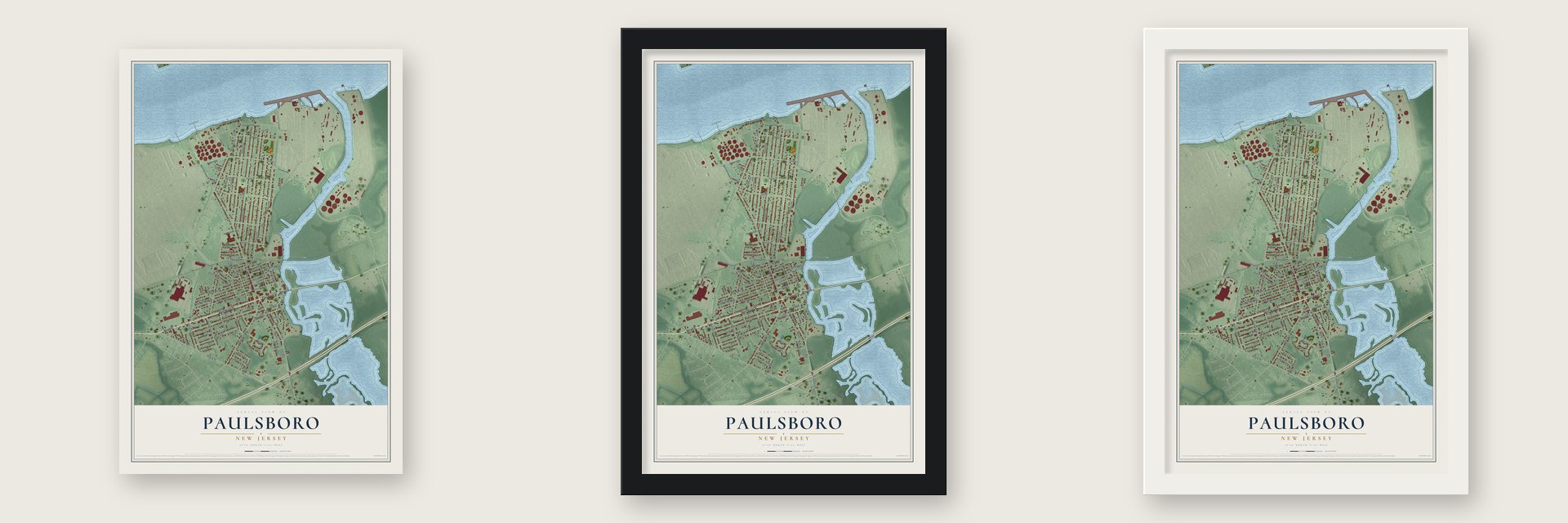 Paulsboro, New Jersey map unframed, in a black wood frame and in a white wood frame