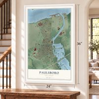 Paulsboro, New Jersey map, 24 x 36 inch print in a white frame by a staircase