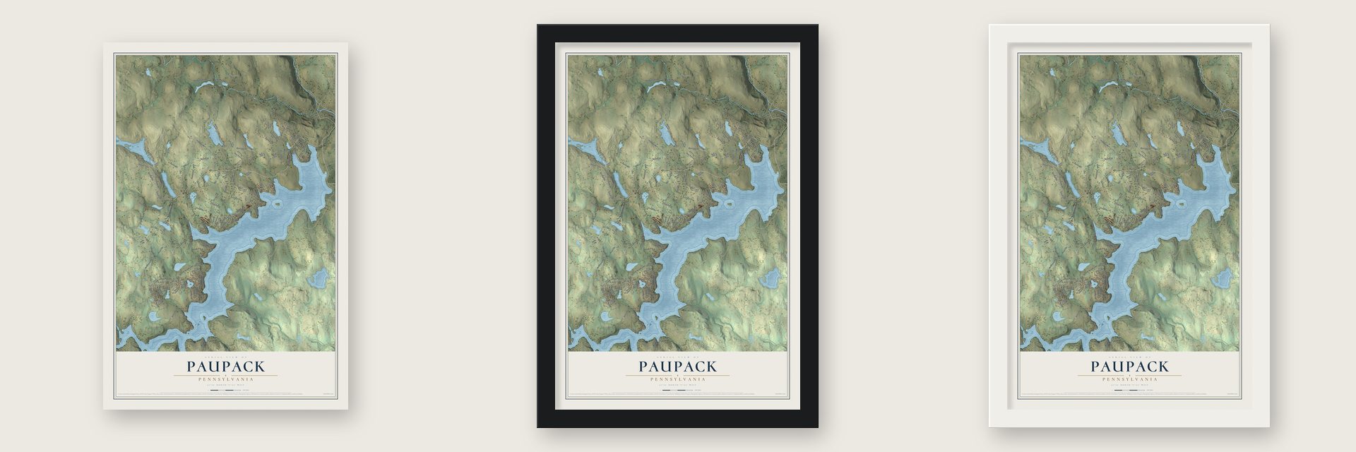 Paupack, Pennsylvania map unframed, in a black wood frame and in a white wood frame