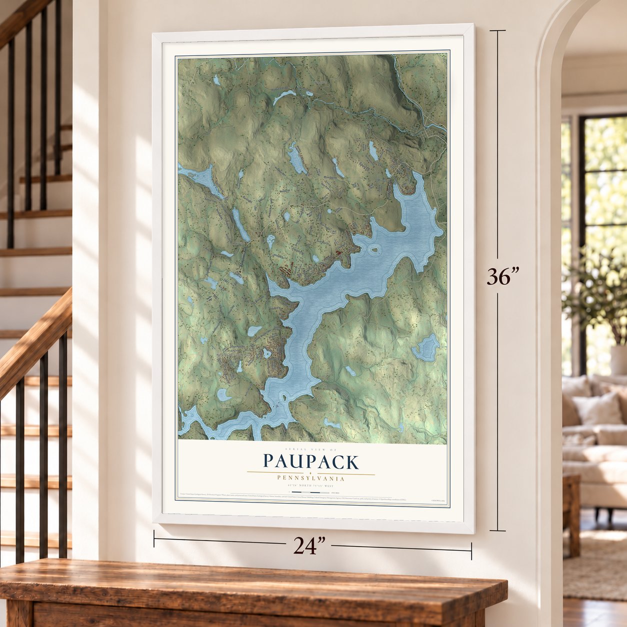Paupack, Pennsylvania map, 24 x 36 inch print in a white frame by a staircase