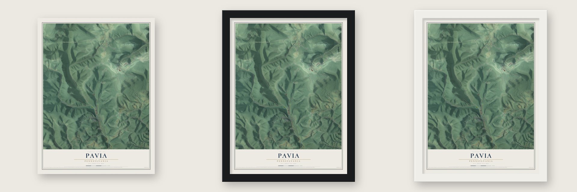 Pavia, Pennsylvania map unframed, in a black wood frame and in a white wood frame