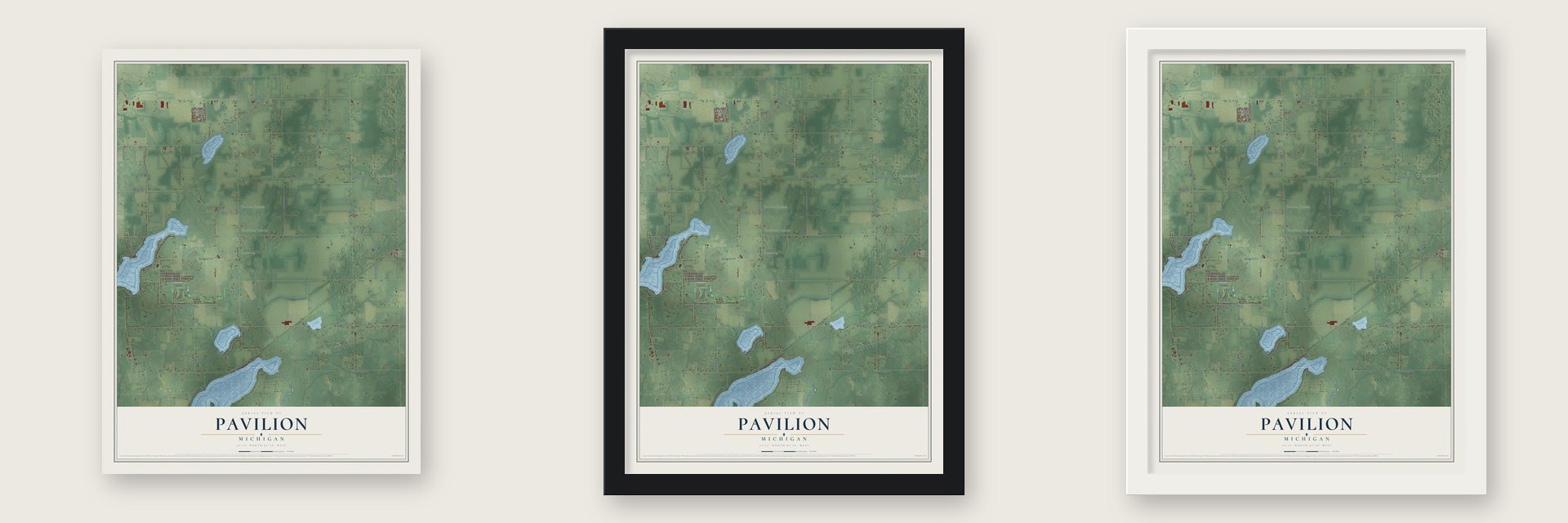 Pavilion, Michigan map unframed, in a black wood frame and in a white wood frame