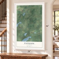 Pavilion, Michigan map, 24 x 36 inch print in a white frame by a staircase