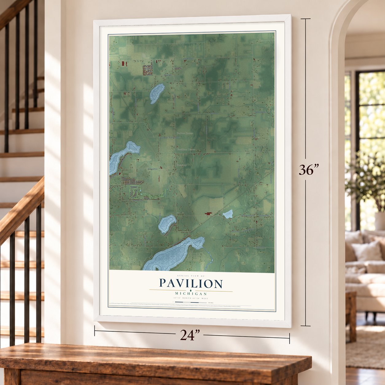 Pavilion, Michigan map, 24 x 36 inch print in a white frame by a staircase