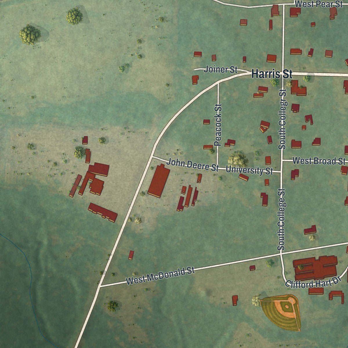 Second close-up of the map of Pavo, Georgia print showing more streets and buildings