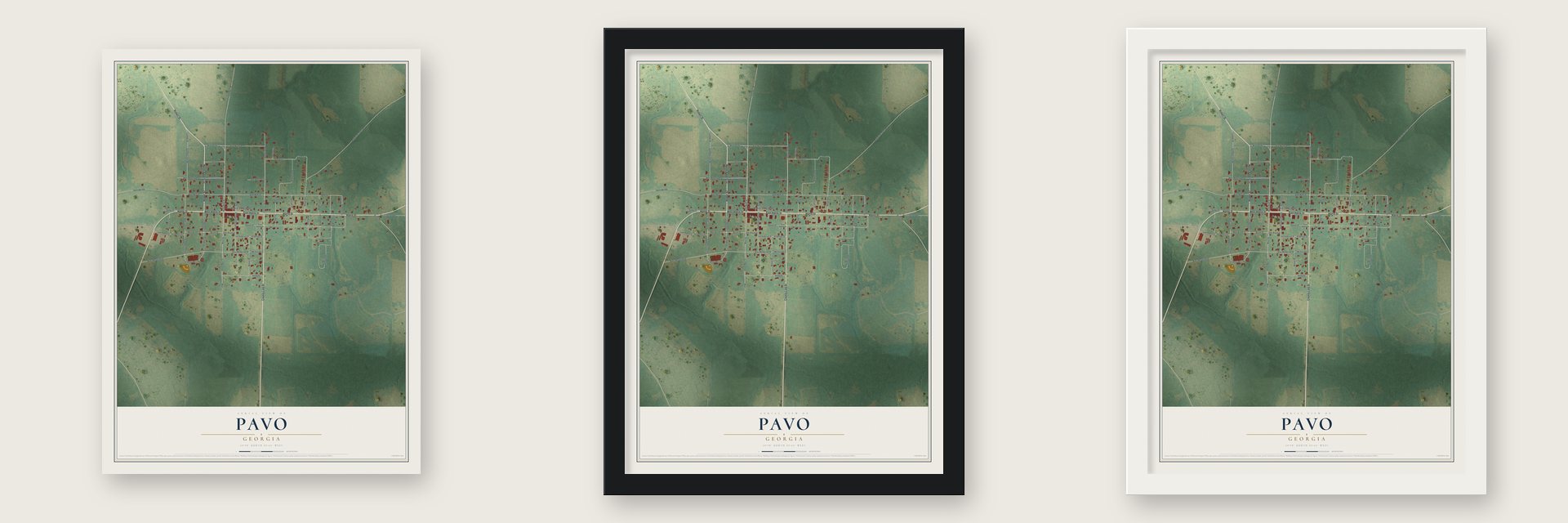 Pavo, Georgia map unframed, in a black wood frame and in a white wood frame