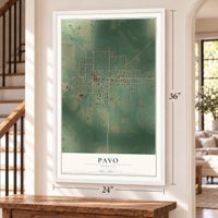 Pavo, Georgia map, 24 x 36 inch print in a white frame by a staircase