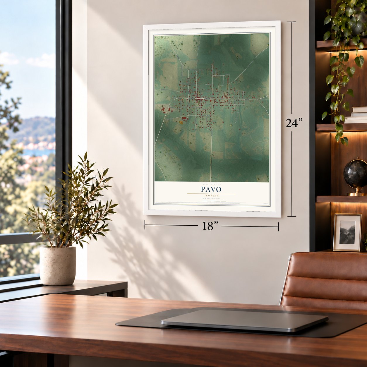 Pavo, Georgia map, 18 x 24 inch print in a white frame in a home office