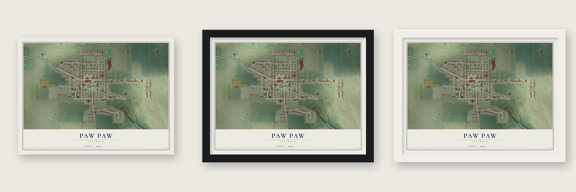 Paw Paw, Illinois map unframed, in a black wood frame and in a white wood frame