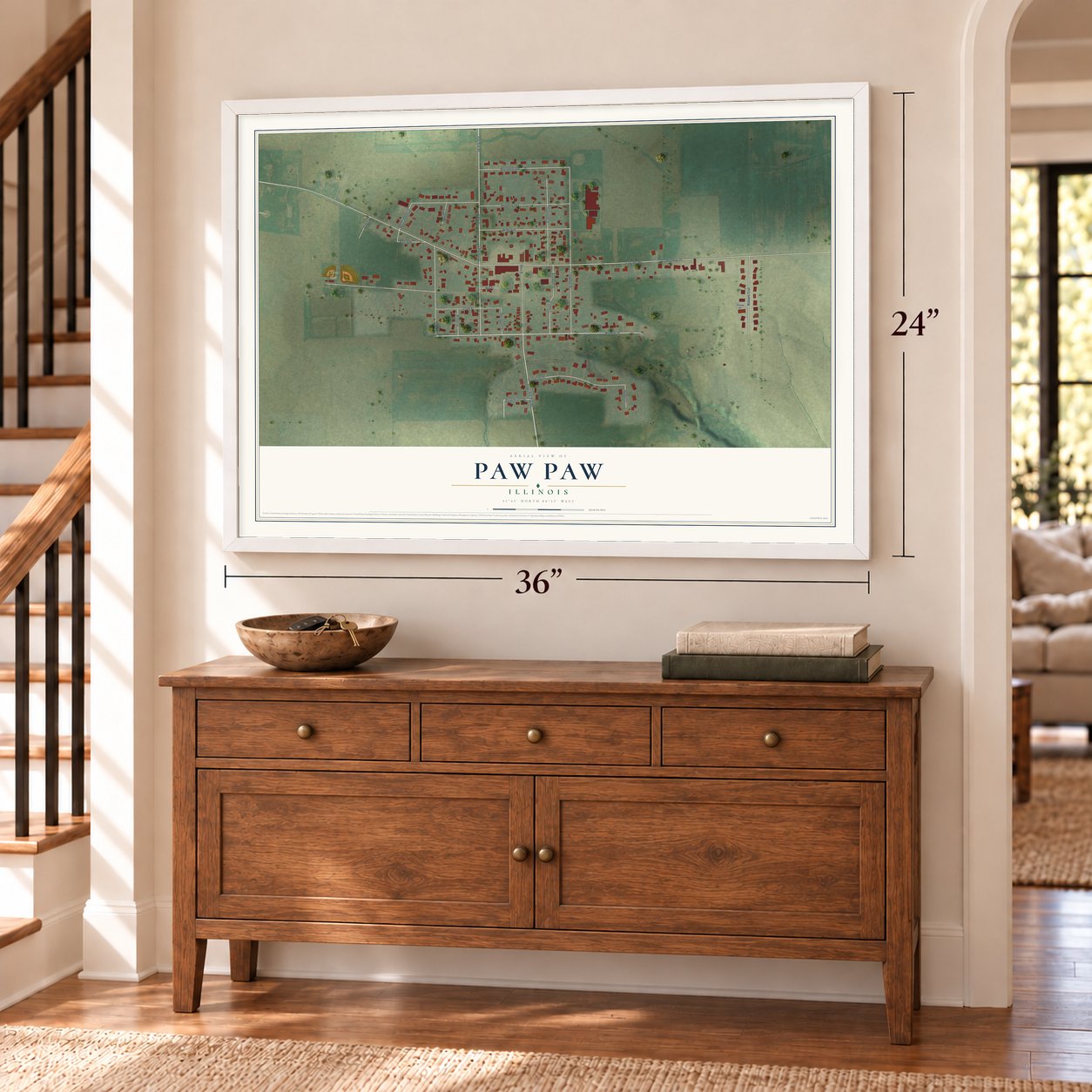 Paw Paw, Illinois map, 24 x 36 inch print in a white frame above a dresser by a staircase