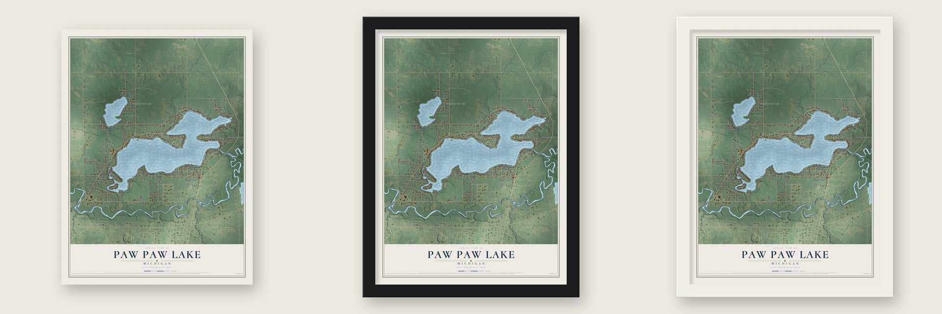 Paw Paw Lake, Michigan map unframed, in a black wood frame and in a white wood frame