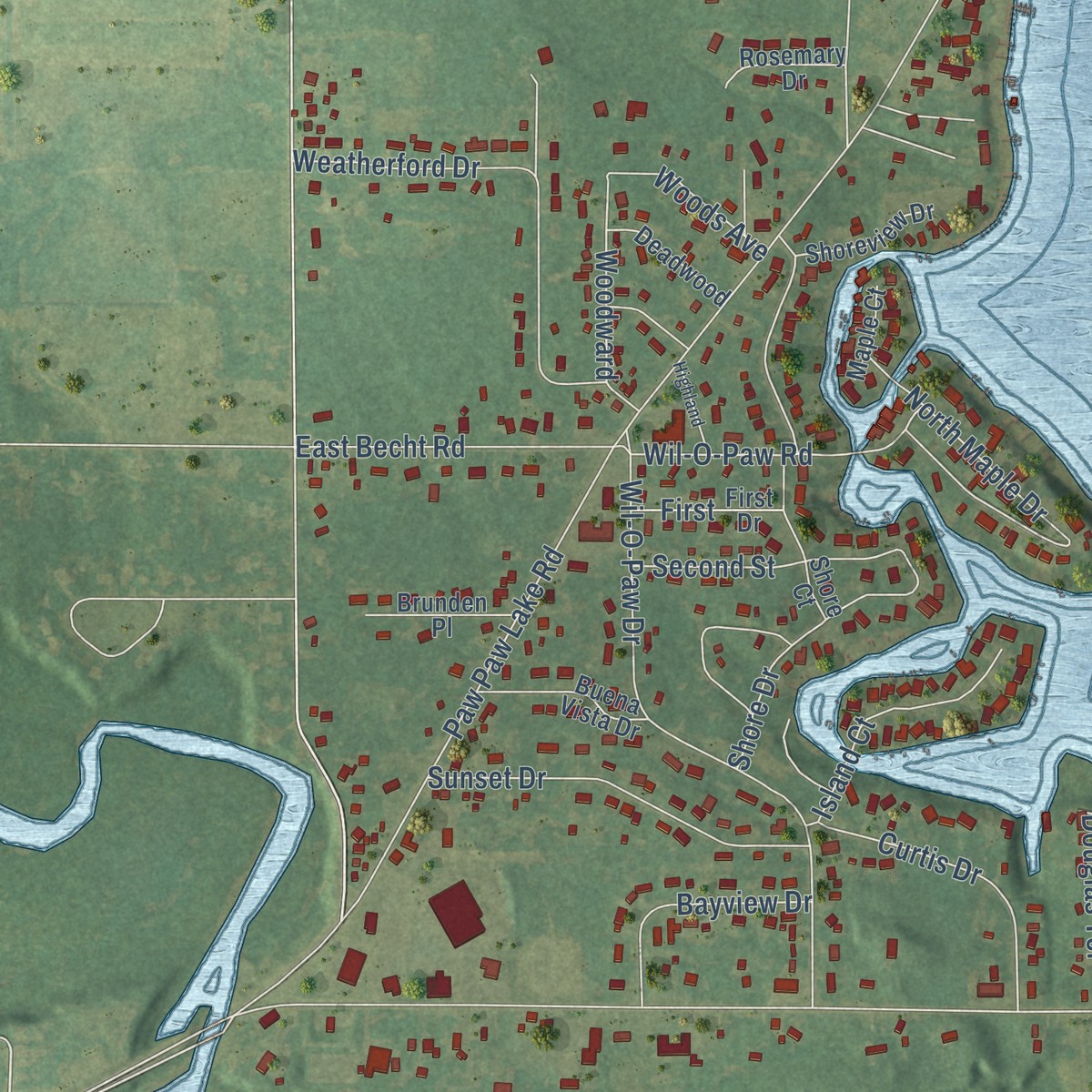 Second close-up of the map of Paw Paw Lake, Michigan print showing more streets and buildings