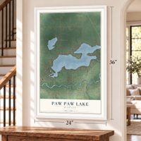 Paw Paw Lake, Michigan map, 24 x 36 inch print in a white frame by a staircase