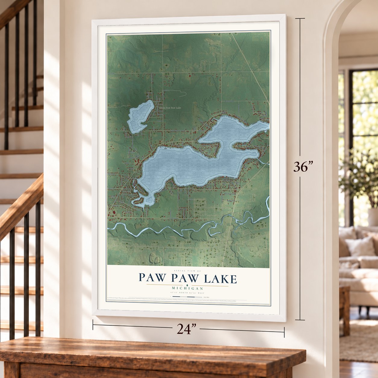 Paw Paw Lake, Michigan map, 24 x 36 inch print in a white frame by a staircase