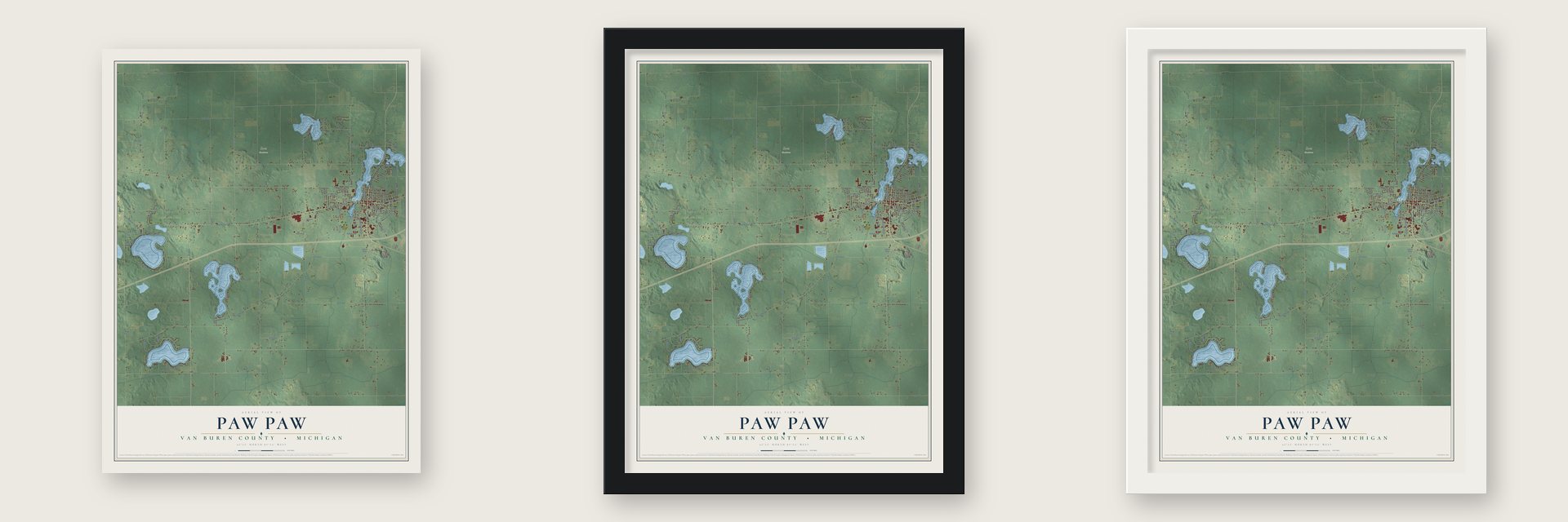 Paw Paw, Van Buren County, Michigan map unframed, in a black wood frame and in a white wood frame