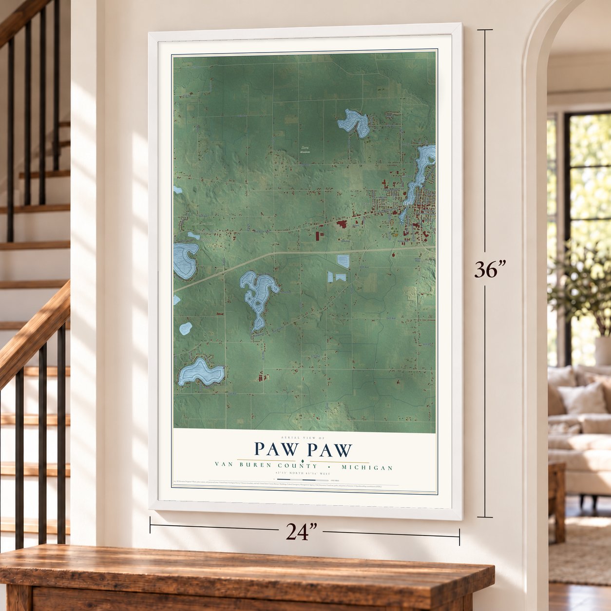 Paw Paw, Van Buren County, Michigan map, 24 x 36 inch print in a white frame by a staircase