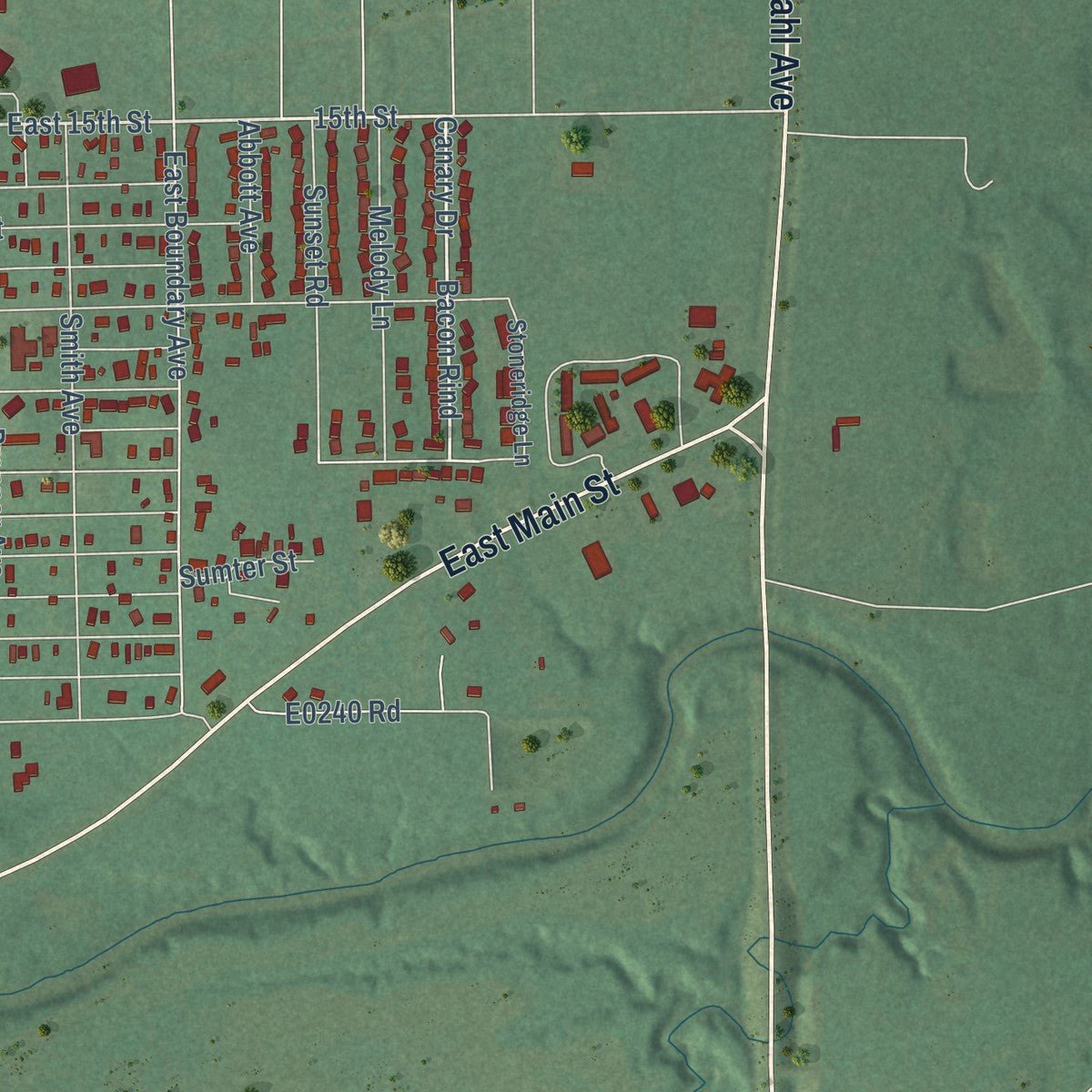 Second close-up of the map of Pawhuska, Oklahoma print showing more streets and buildings