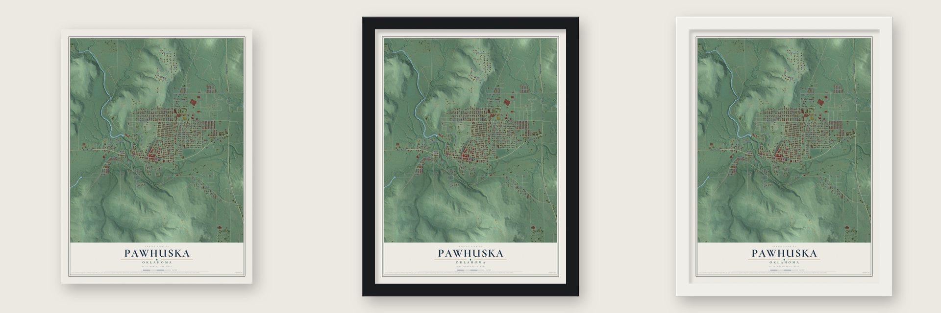 Pawhuska, Oklahoma map unframed, in a black wood frame and in a white wood frame