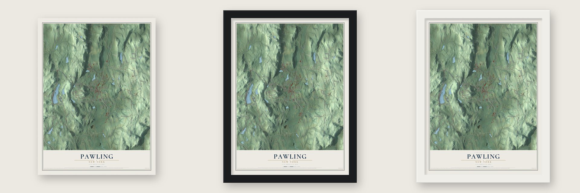 Pawling, New York map unframed, in a black wood frame and in a white wood frame