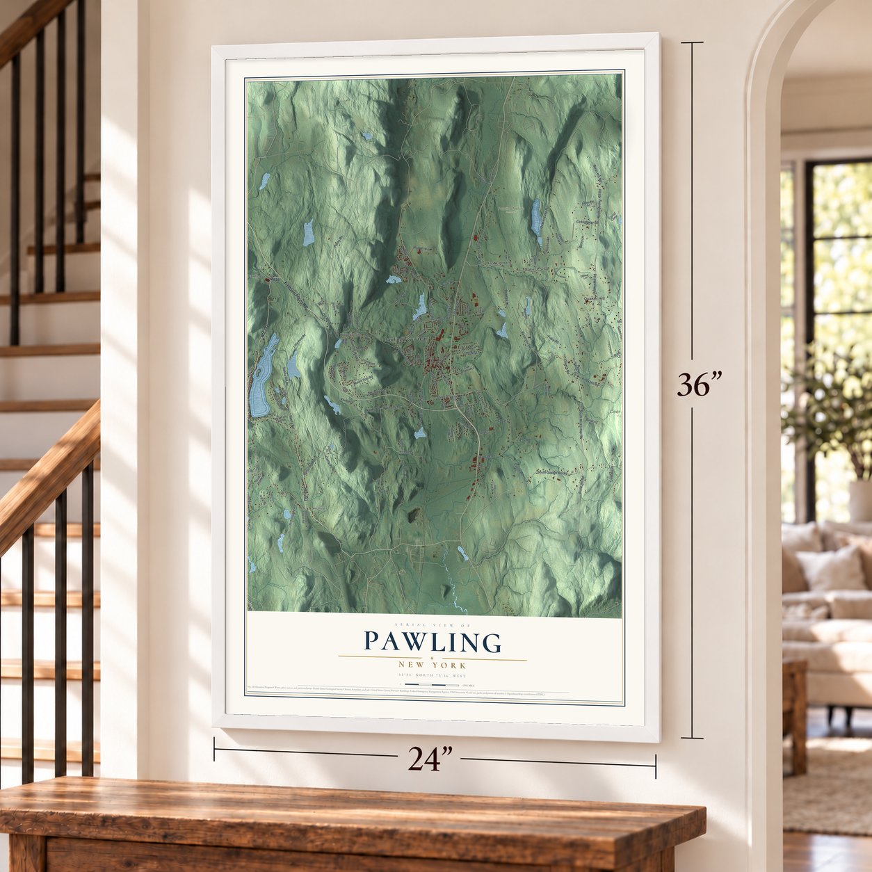 Pawling, New York map, 24 x 36 inch print in a white frame by a staircase
