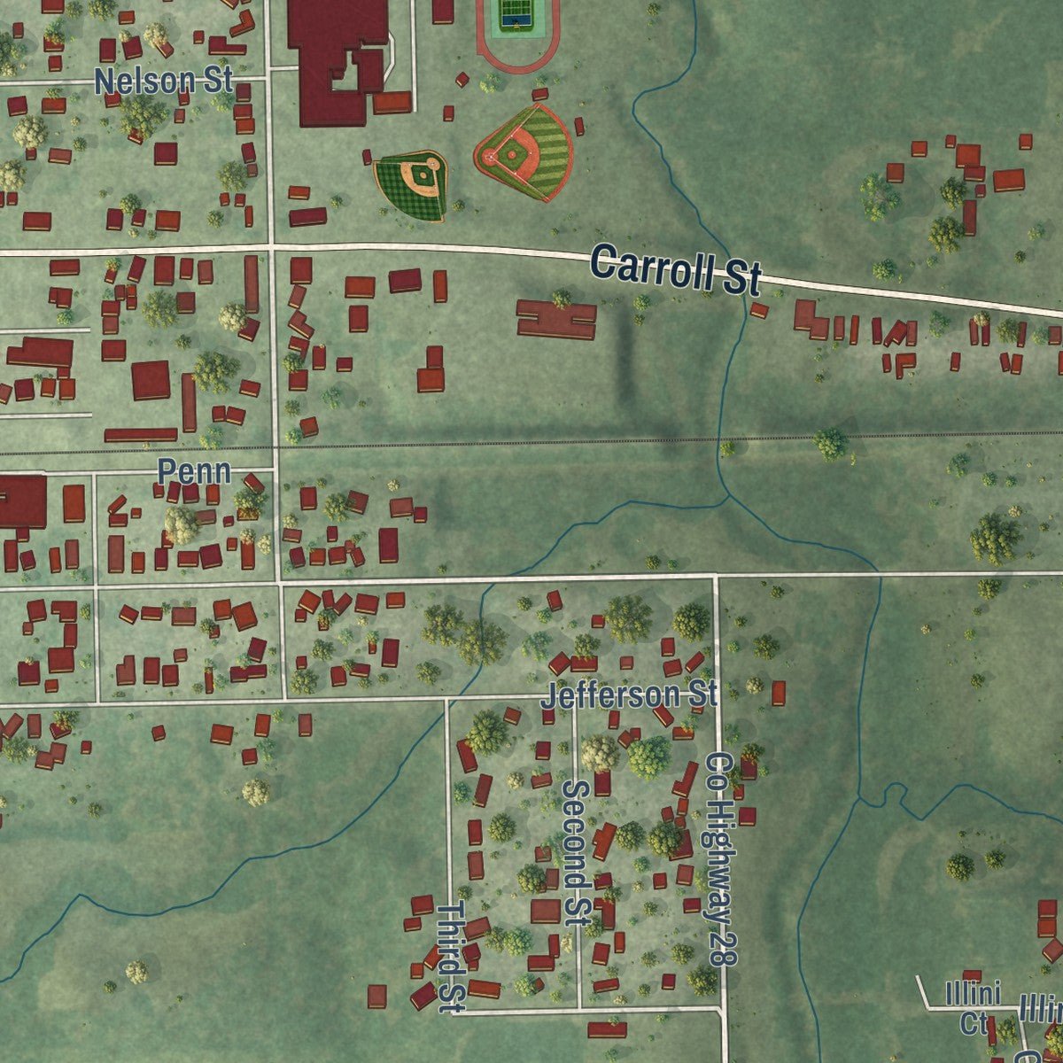 Second close-up of the map of Pawnee, Illinois print showing more streets and buildings