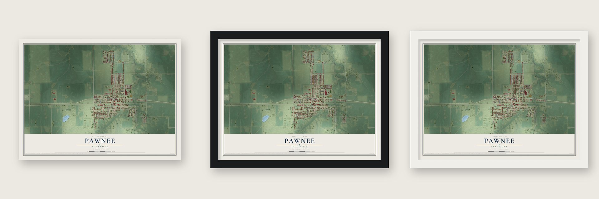 Pawnee, Illinois map unframed, in a black wood frame and in a white wood frame