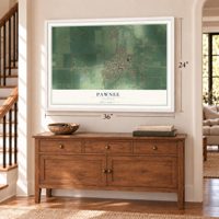 Pawnee, Illinois map, 24 x 36 inch print in a white frame above a dresser by a staircase