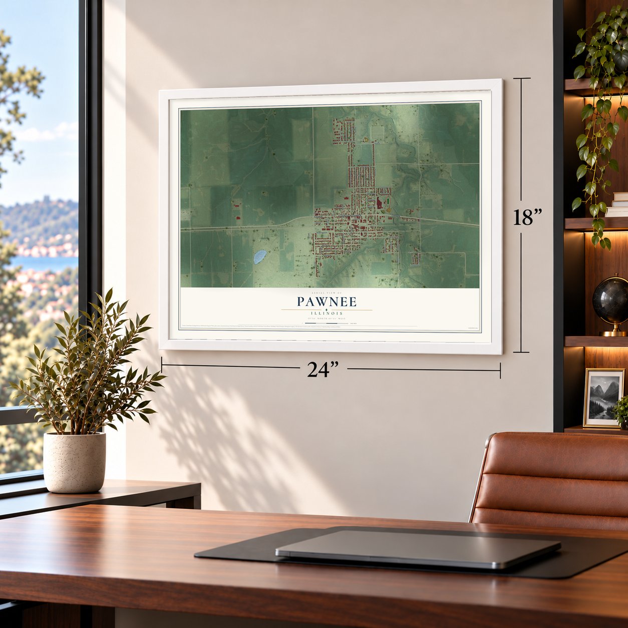 Pawnee, Illinois map, 18 x 24 inch print in a white frame in a home office