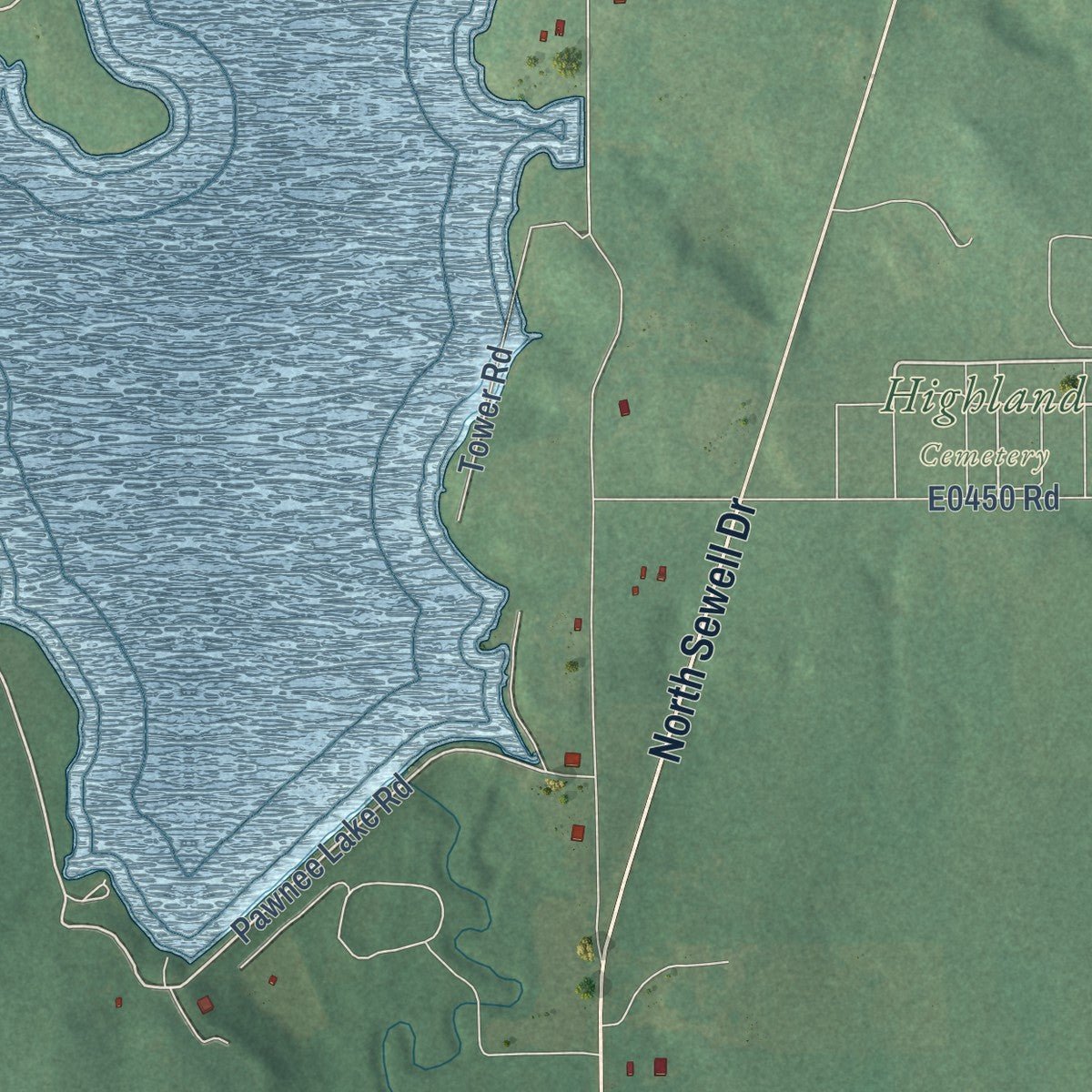 Second close-up of the map of Pawnee, Oklahoma print showing more streets and buildings