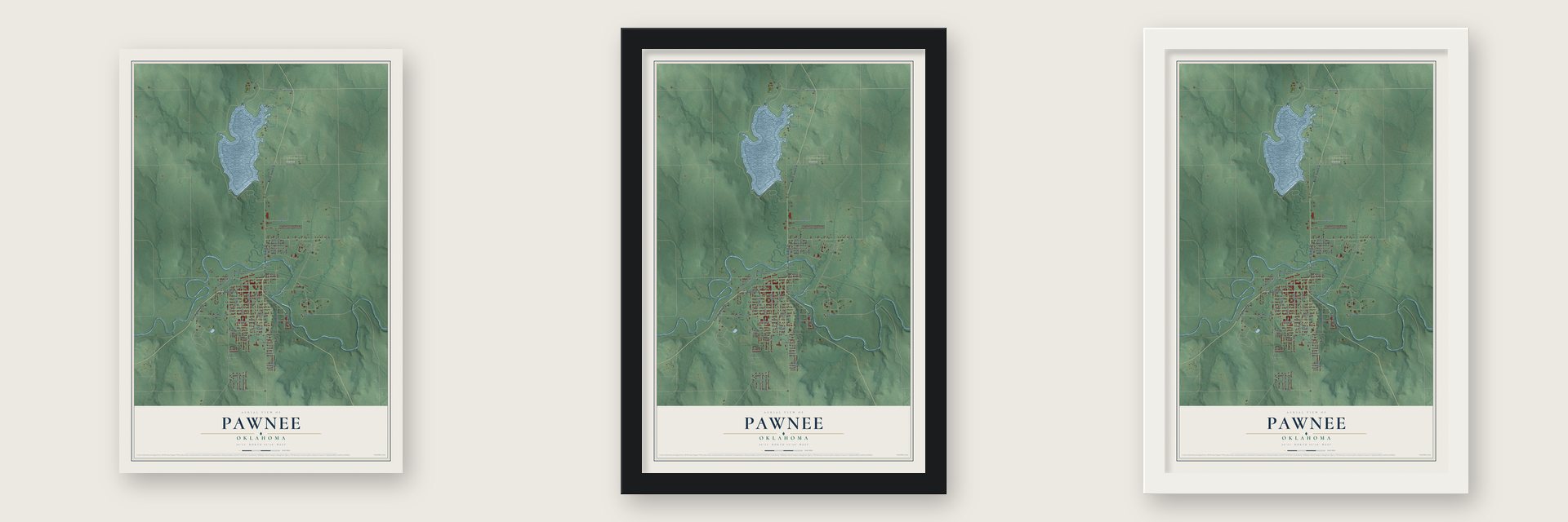 Pawnee, Oklahoma map unframed, in a black wood frame and in a white wood frame