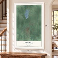 Pawnee, Oklahoma map, 24 x 36 inch print in a white frame by a staircase