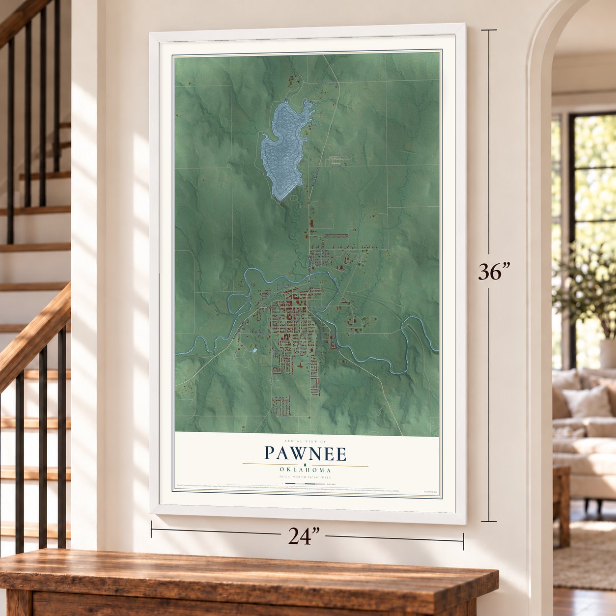 Pawnee, Oklahoma map, 24 x 36 inch print in a white frame by a staircase