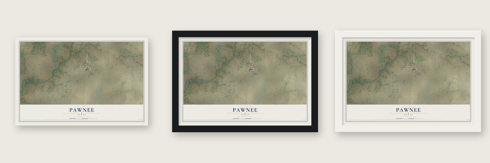 Pawnee, Texas map unframed, in a black wood frame and in a white wood frame