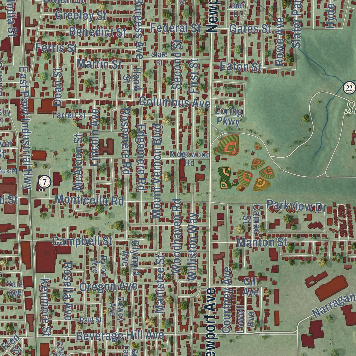 Second close-up of the map of Pawtucket, Rhode Island print showing more streets and buildings